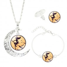 Halloween Women Jewelry Set Wicked Witch Glass Cabochon Silver Crescent Moon Pendant Necklace Earrings Bracelet Sets - JS363