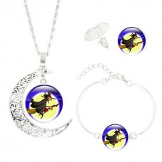 Halloween Women Jewelry Set Wicked Witch Glass Cabochon Silver Crescent Moon Pendant Necklace Earrings Bracelet Sets - JS364