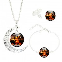 Halloween Women Jewelry Set Wicked Witch Glass Cabochon Silver Crescent Moon Pendant Necklace Earrings Bracelet Sets - JS365