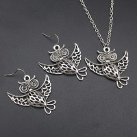 Fashion Women Girl Halloween Jewelry Set Vintage Silver 3 Style Owl Drop Earring 18"Short Necklace - JS371