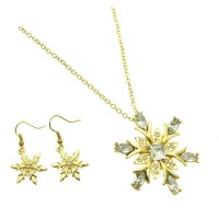 Gold clear crystal snowflake Christmas necklace earring set - JS429