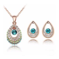 Xmas Fashion Lady Jewelry Set Crystal Pendant Green Emerald Necklace Earrings - JS431