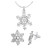  Silver Tone Christmas Holiday Snowflake Earring Necklace Set - JS433