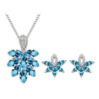 Xmas Rhinestone Jewelry Set Aquamarine Crystal Pendant Necklace Earrings - JS447