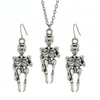 Women Girl Halloween Stainless Steel Jewelry Set Vintage Silver Skull Skeleton Drop Earring 18"Short Necklace  - JS330