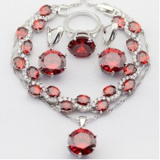 Stainless Steel Round Silver Christmas & Halloween Women Jewelry Sets Imitated Red Garnet AAA Zircon Necklace Pendant Drop Earrings Rings Bracelet - JS332