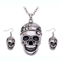 Stainless Steel New Fashion Halloween Statement Accessories For Men Women Crystal Skull Necklace Earrings Jewelry Sets Party Gifts - JS335