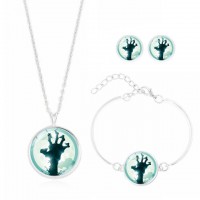 Halloween Jewelry Set with Silver Plated Glass Cabochon Zombie Pattern Choker Necklace Earring and Bracelet Set for Women - JS336