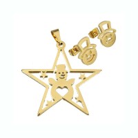 Stainless Steel Star Snowman Pendant Necklace Earring Gold Color Christmas Jewelry Set - JS337