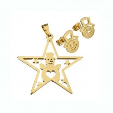 Stainless Steel Star Snowman Pendant Necklace Earring Gold Color Christmas Jewelry Set - JS337