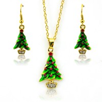 Stainless Steel Christmas Jewelry Sets Fashion White Rhinestone Artificial Christmas Tree Gold Color Earrings Necklace Set For Women Jewelry - JS339