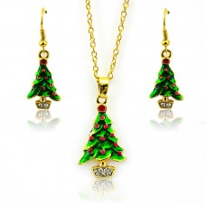 Stainless Steel Christmas Jewelry Sets Fashion White Rhinestone Artificial Christmas Tree Gold Color Earrings Necklace Set For Women Jewelry - JS339