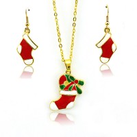 Stainless Steel Christmas Jewelry Sets Fashion Red Enamel Christmas Stockings Gold Color Earrings & Necklace For Women Jewelry- JS340