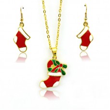 Stainless Steel Christmas Jewelry Sets Fashion Red Enamel Christmas Stockings Gold Color Earrings & Necklace For Women Jewelry- JS340