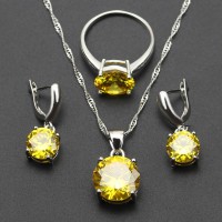 Stainless Steel Hot Sale Stamp Thanksgiving Present Yellow White CZ Jewelry Set For Women Necklace Earring Ring- JS347