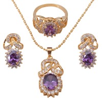 Stainless Steel Delicate Black friday Gold Tone Earring Necklace Ring Jewelry Set zircon Austrian Purple Crystal Ring - JS349