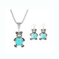 Stainless Steel Black Friday Artificial Stone Baby Bear Shaped Necklaces & Pendants Dangle Earrings Fashion silver color Fine Jewelry Sets - JS350