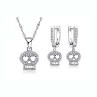 Halloween Saints Gift Crystal Skull Jewelry Set For Women Fashion Show Silver Necklace Pendent Earrings Set - JS351