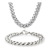 Men's Stainless Steel Curb Chain Bracelet 8.5" and Necklace 24" Set - JS456