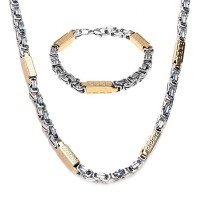 Men's Stainless Steel Bracelet Necklace Link Byzantine Chain Set Two-tone - JS459