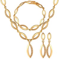 CZ Gold Plated Willow Leaf Chain Necklace Bracelet Earrings Set - JS468