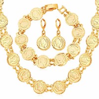 Fashion British Queen Head Coin Beaded  Gold Plated Link Chain Necklace Bracelet & Earrings Set - JS470