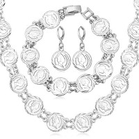 Fashion British Queen Head Coin Beaded Silver Link Chain Necklace Bracelet & Earrings Set - JS471