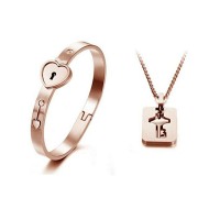 Valentines Love Heart Key Lock Matching Bangle Tag Pendant Set - JS532