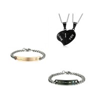 Stainless Steel Valentine Couple Pendant Necklace Bracelet Set - JS539