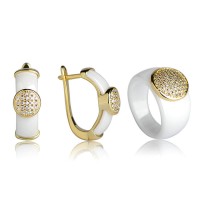 White Ceramic Jewelry Set Gold Plated CZ Earrings Ring Set - JS556