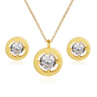 Stainless steel gold plated round shape cz jewelry set - JS490