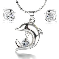 Stainless steel crystal CZ dolphin silver color jewelry set - JS489