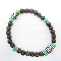 Stainless Steel Sandalwood Bead Green Agate Bracelet Bangle - B502