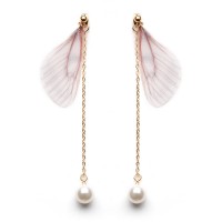 Sweet chiffon wings asymmetric artificial pearl earrings