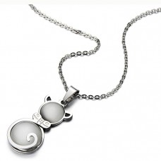 Cute Cat Kitten Pendant Necklace Stainless Steel with Synthetic Cat Eye Stone and 20 in Chain