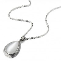 Unique Tear Drop Pendant Necklace Stainless Steel with White Cat Eye Stone and 20 Inches Chain