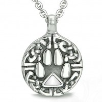 Celtic Shield Knot Wolf Paw Triangle Energy White Simulated Cats Eye Crystal Pendant 18 Inch Necklace