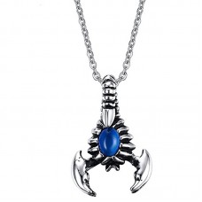 Men's Stainless Steel Silver Plated Scorpion Pendant Necklace with Blue Cat's Eye Stone