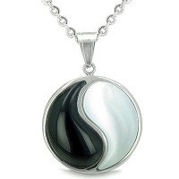 Amulet Forever Balance Yin Yang Magic Simulated Black Onyx White Simulated Cats Eye Pendant Necklace