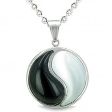 Amulet Forever Balance Yin Yang Magic Simulated Black Onyx White Simulated Cats Eye Pendant Necklace