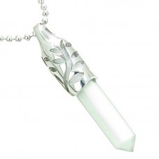 Positive Energy Leaf Amulet Crystal Point Lucky Charm Snow White Simulated Cats Eye 18 Inch Necklace