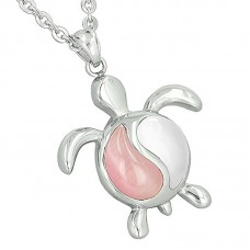 Turtle Yin Yang Balance Powers Lucky Charm Candy Pink White Simulated Cats Eye Pendant 18 Inch Necklace