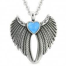 Angel Wings Magic Heart Protection Powers Amulet Aqua Blue Simulated Cats Eye Pendant 18 inch Necklace