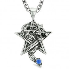 Magical Powers Star Pentacle Amulet Aqua Blue Simulated Cats Eye Pendant 18 Inch Necklace