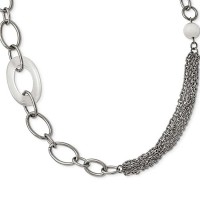 Stainless Steel Polished With White Cats Eye Slip-on Necklace - 38 Inch