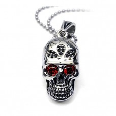 Fashion Stainless Steel Skull and Crossbones Pendant with Red Cubic Zircon and Necklace For Men