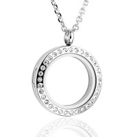 Floating Memory Locket Necklace - 316 Surgical Stainless Steel Round Crystals Magnetic Closure