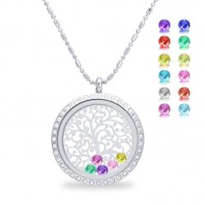 Family Tree of Life Floating Charm Living Memory Lockets, Magnetic Closure Stainless Steel Necklace