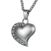 Love Heart Ash Pendant with Crystal Urn Necklace Keepsake Stainless Steel Cremation Jewelry