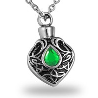 Green Crystal Celtic Knot Teardrop Cremation Urn Necklace Memorial Ash Keepsake Stainless Steel Pendant